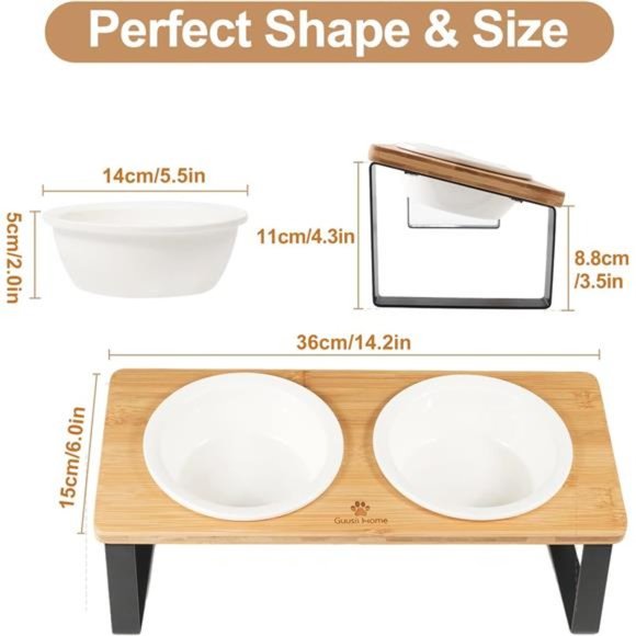 Ceramic Elevated Cat Bowls, Raised Puppy Dishes for Food and Water, Bamboo Stand - Picture 3 of 6